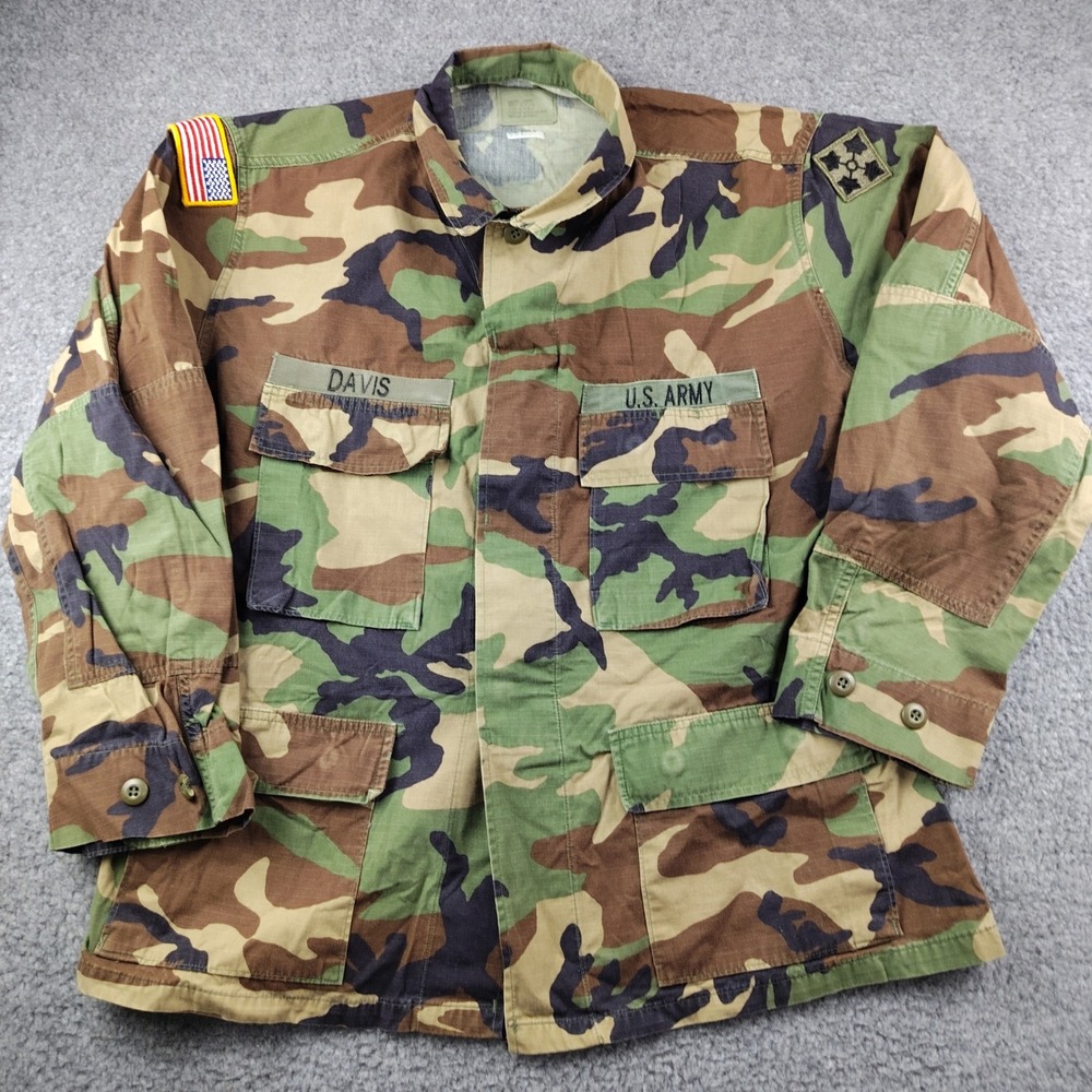 VTG Military Jacket Mens Large Short Woodland Camo Combat Coat Army Patches
